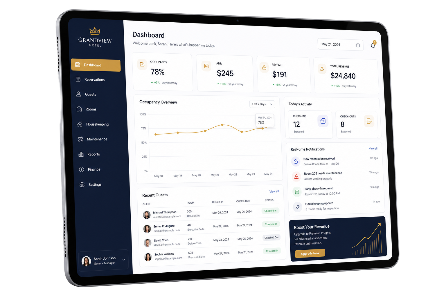 Back-office Dooria sur tablette : KPIs, check-in/check-out et notifications temps réel